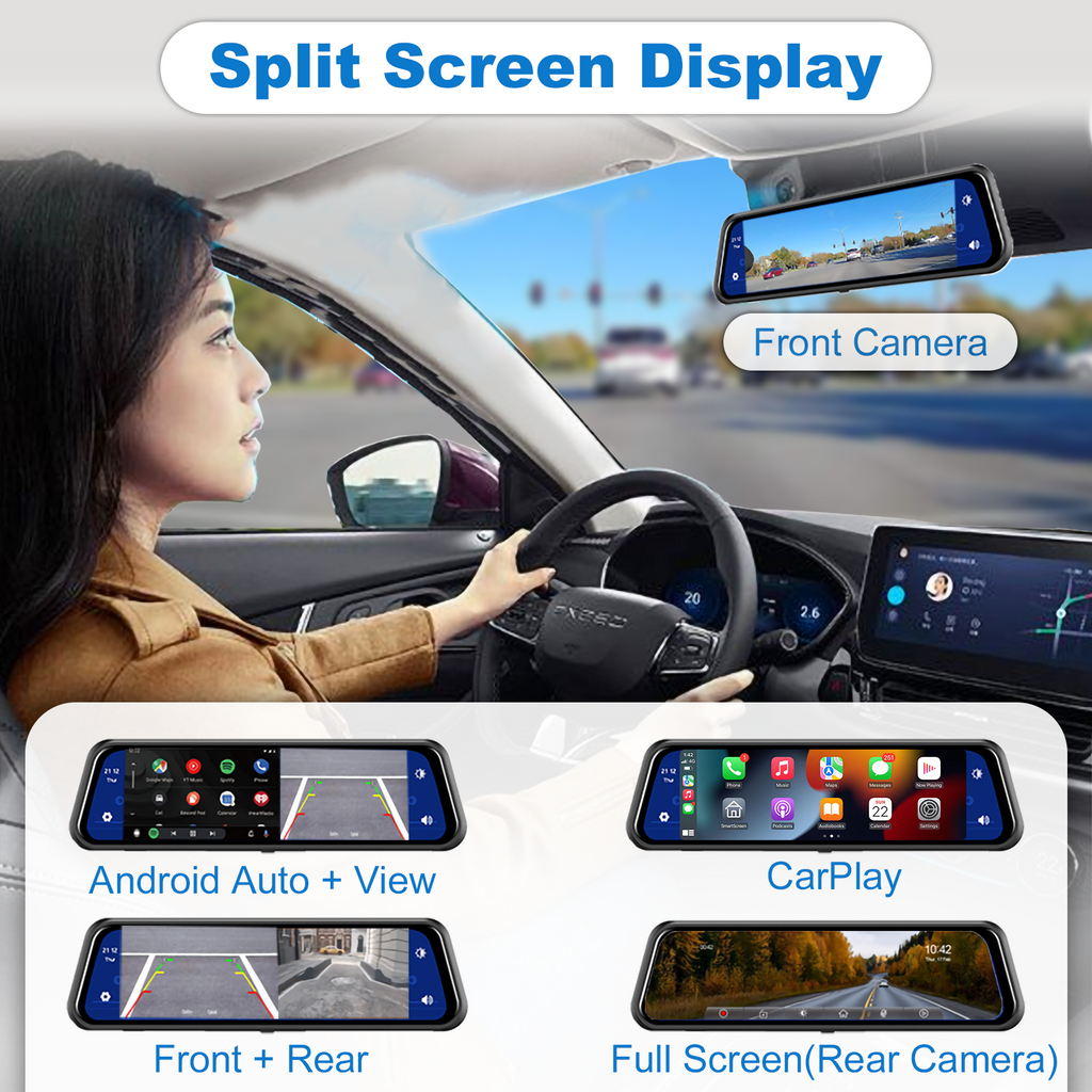 Mirror Dash Cam Wireless CarPlay Android Auto Rearview Mirror Camera for  Cars Trucks 11.26”1080P HD Full Touchscreen Front & Rear Dual Cameras FM